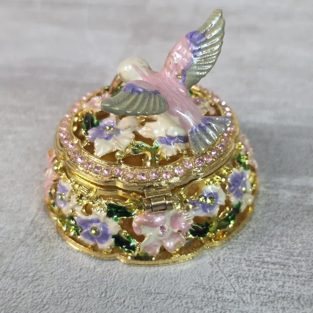 Enameled Trinket Box Hummingbird Floral Rhinestone Gold Tone Jewelry Keepsake